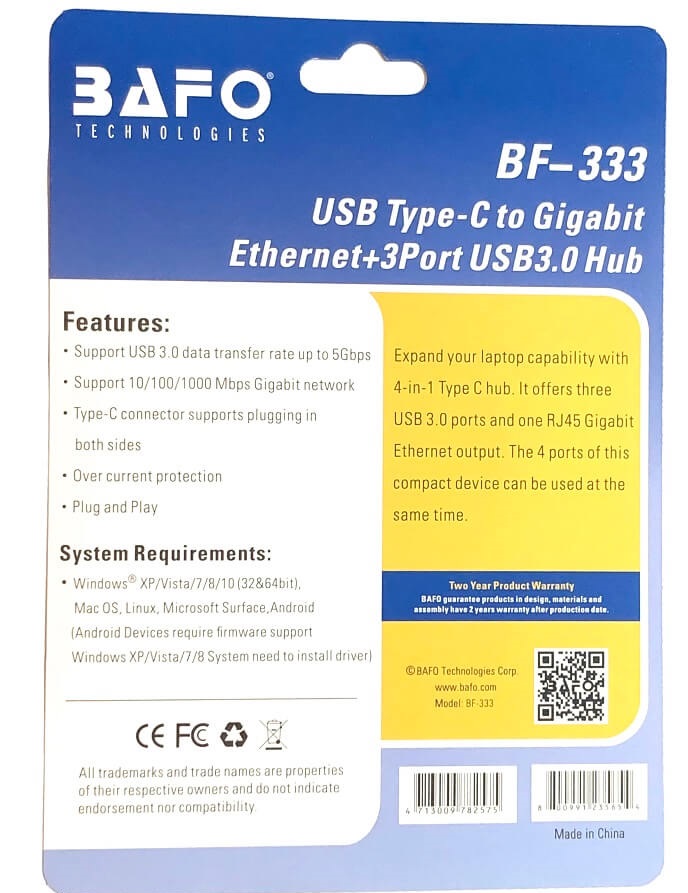 Bafo USB Type C To LAN Gigabit with USB HUB 3Port USB 3.0 BF-333