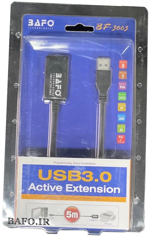  کابل افزایش طول یو اس بی بافو USB3 5m BF-3003                      کابل افزایش طول USB3.0 اکتیو ۵ متری بافو جهت اتصال دیوایس های یو اس بی به کامپیوتر در فواصل دور مناسب است.              کابل افزایش طول USB  بافو                              کابل بافو              افزایش طول یو اس بی سه بافو             