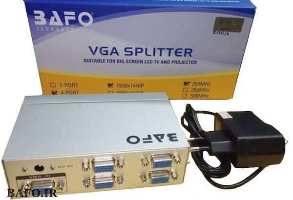  اسپلیتر ۴ پورت VGA بافو ۵۰۰ مگا هرتز BF-H234 جهت نمایش یک تصویر یکسان بر روی ۴ مانیتور مختلف به کار می‌رود.                        اسپلیتر ۴ پورت VGA بافو ۵۰۰ مگا هرتز BF-H234                                  اسپلیتر ۱ به ۴ پورت ۵۰۰ مگاهرتز VGA بافو مدل BF-H234 500MHz                     اسپلیتر 4پورت بافو                  بهترین اسپلیترvga           نمایندگی محصولات بافو