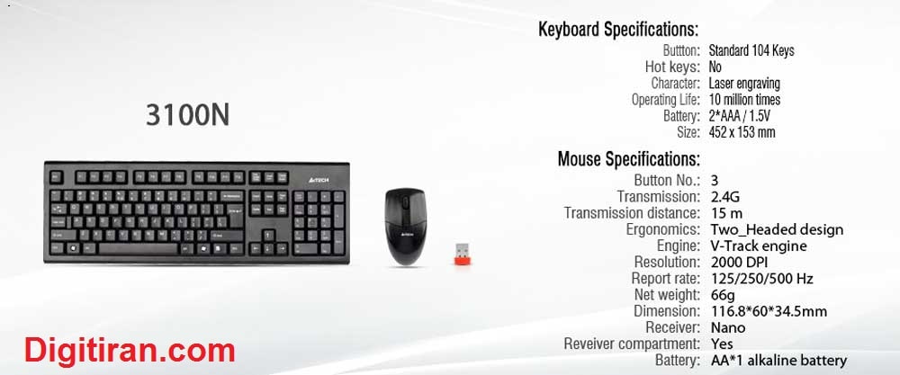  کیبرد و موس وایرلس a4tech 3100 ساخت شرکت ای فورتک با طراحی زیبا و با دوام است.
